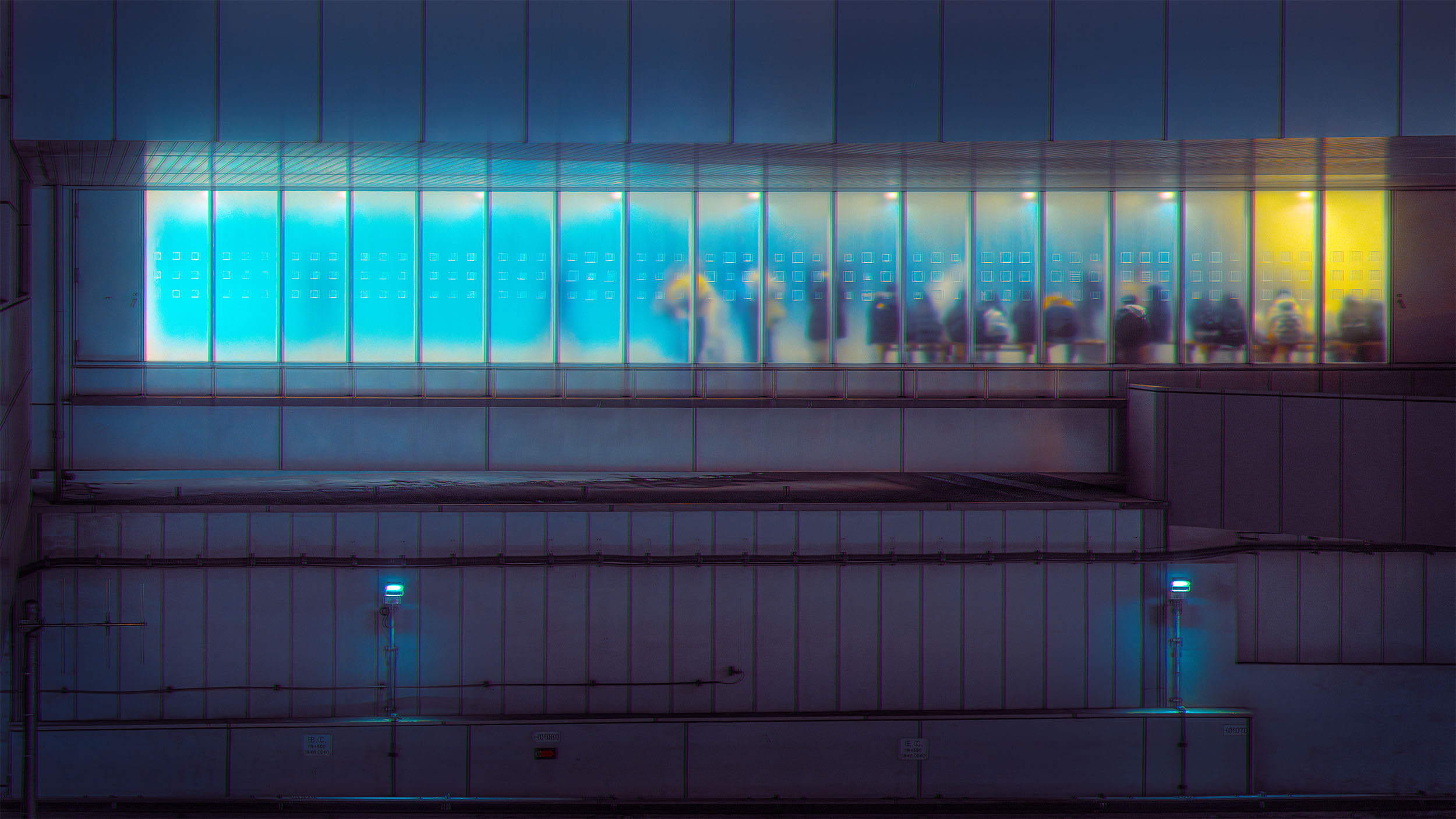 Ghostly silhouettes of commuters visible through illuminated glass panels at night in Shibuya, Tokyo, cyan and yellow light