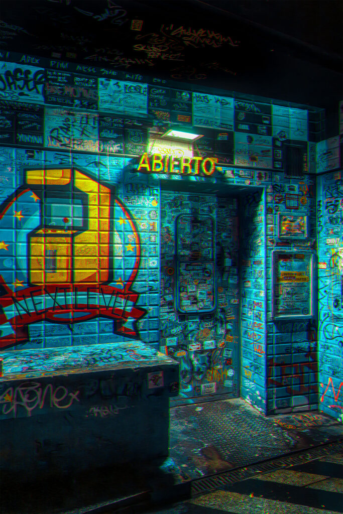 Graffiti-covered walls bathed in teal light at night in Madrid, neon Abierto sign above the entrance of Next Level arcade, cyberpunk street photography