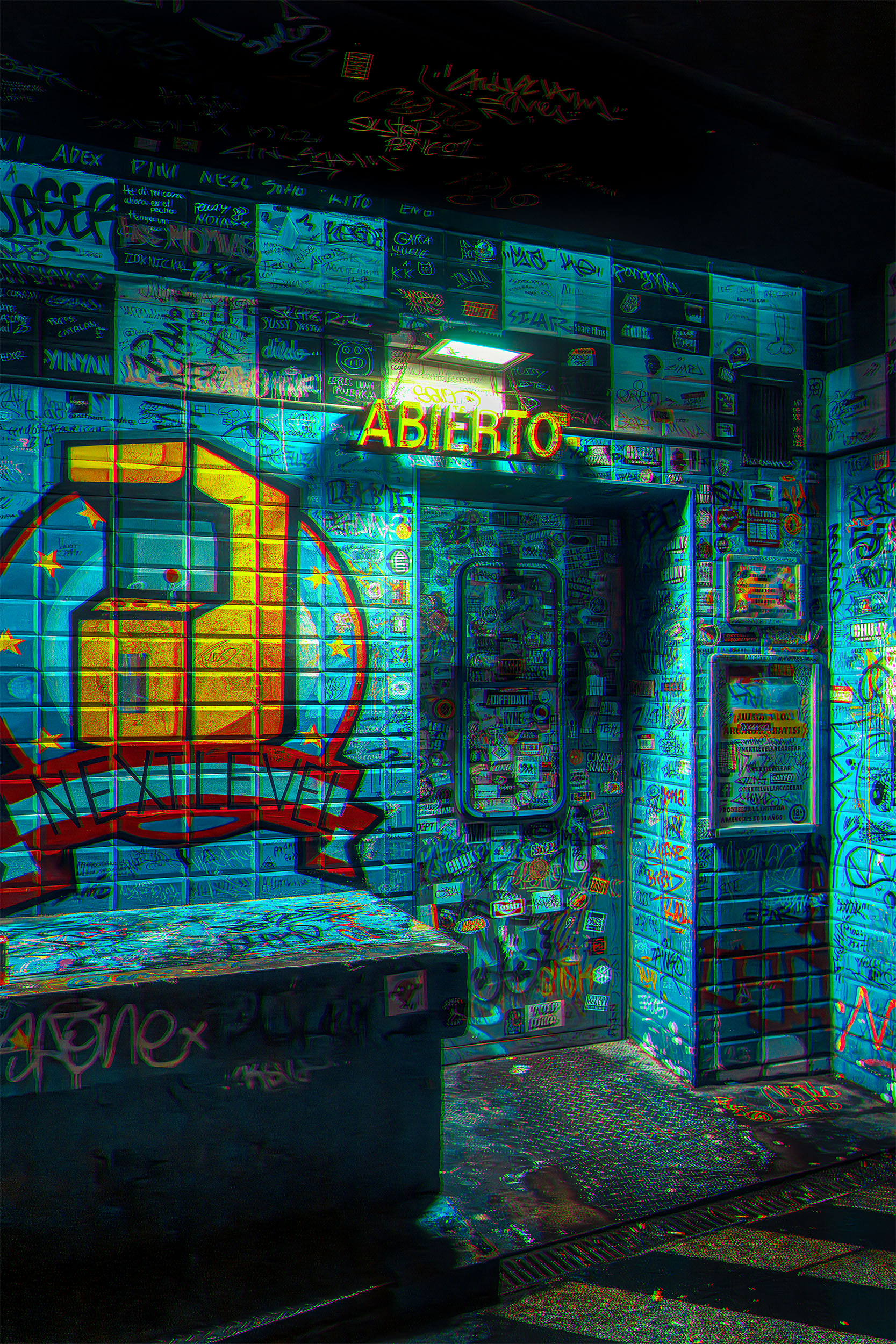 Graffiti-covered walls bathed in teal light at night in Madrid, neon Abierto sign above the entrance of Next Level arcade, cyberpunk street photography