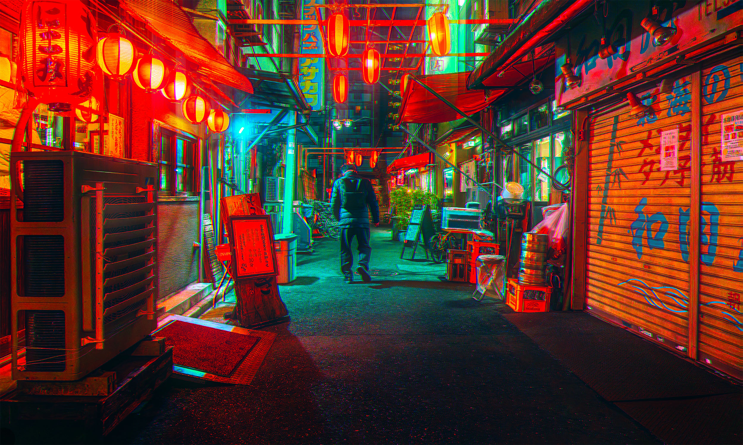 Lone figure walking through a narrow Tokyo alley at night, red lanterns and neon signs overhead, cyberpunk atmosphere