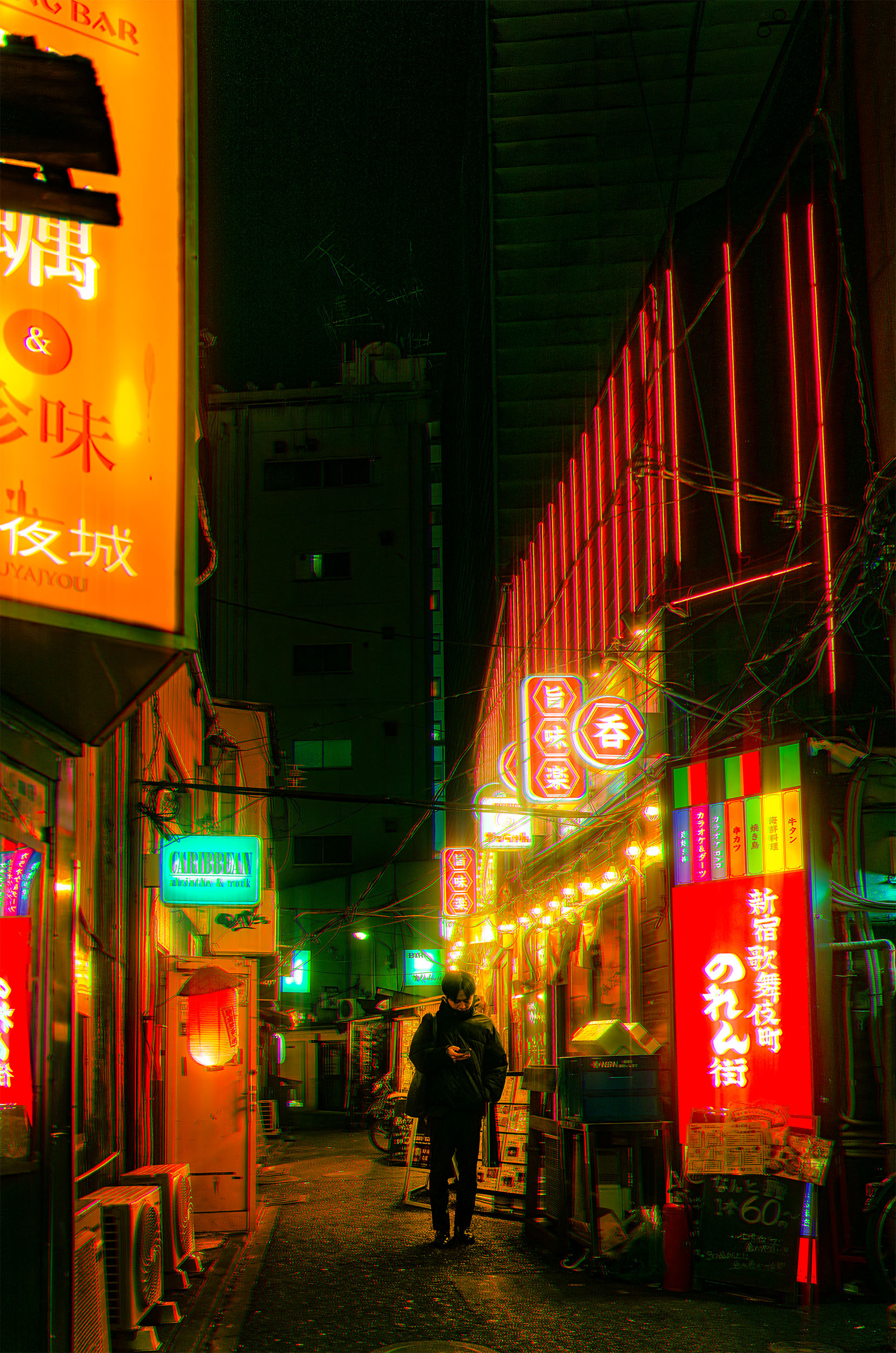Lone figure standing in a narrow Shinjuku alley at night, surrounded by red and orange neon signs with Japanese characters, Tokyo, Japan, cyberpunk atmosphere