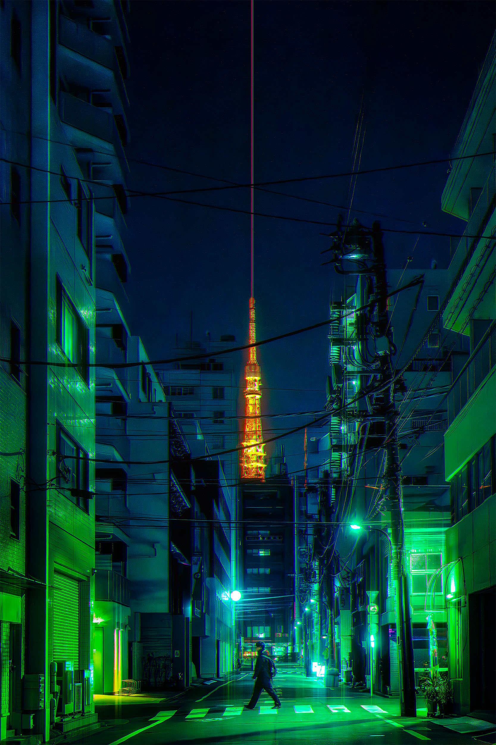 Lone figure crossing a narrow Tokyo alley at night, Tokyo Tower glowing orange in the distance, streets bathed in intense green neon light, cyberpunk atmosphere