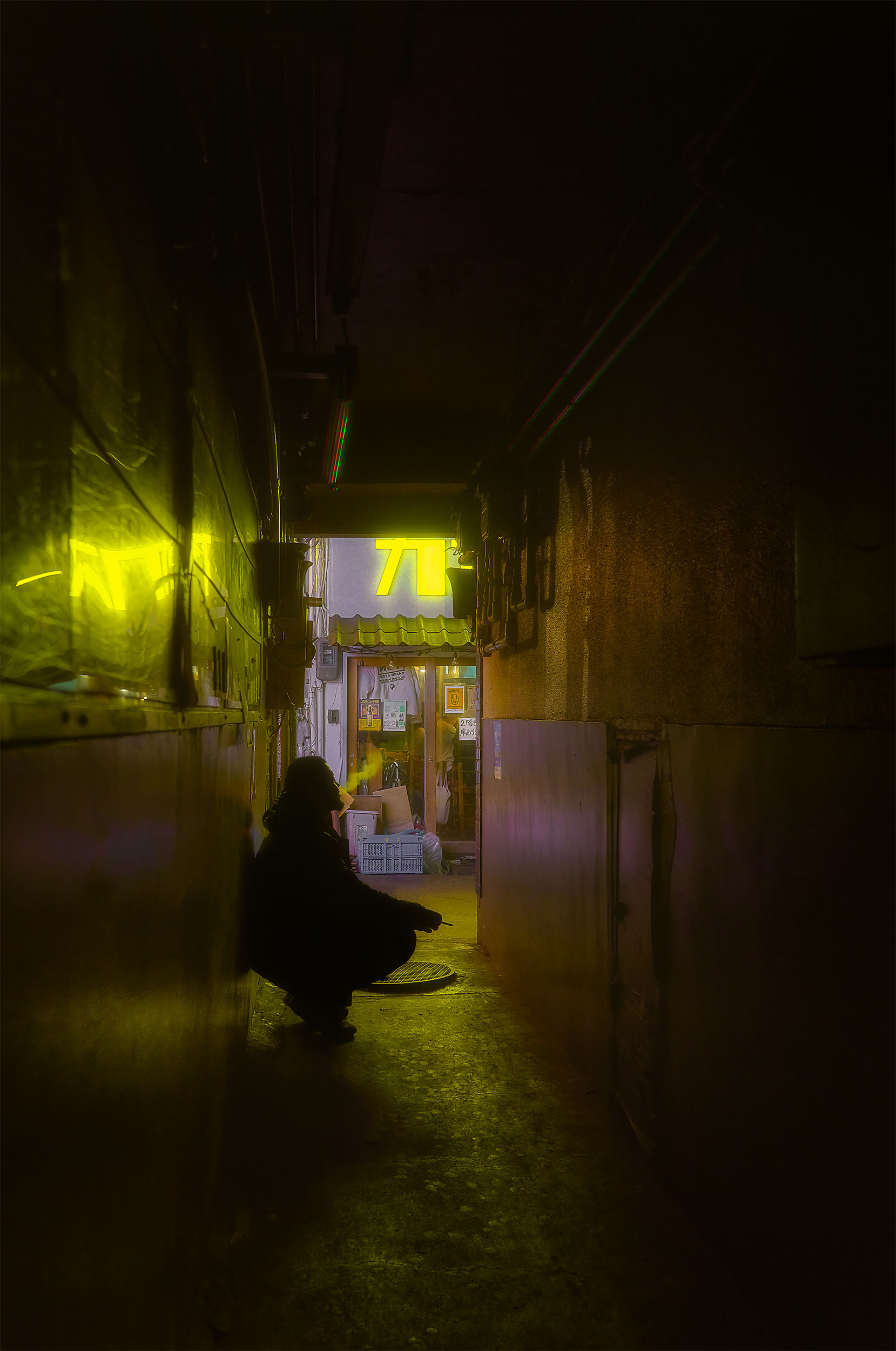 Person crouching in a narrow Tokyo alley at night, smoking, yellow smoke visible in the dim light, illuminated shop entrance in the background, cyberpunk atmosphere