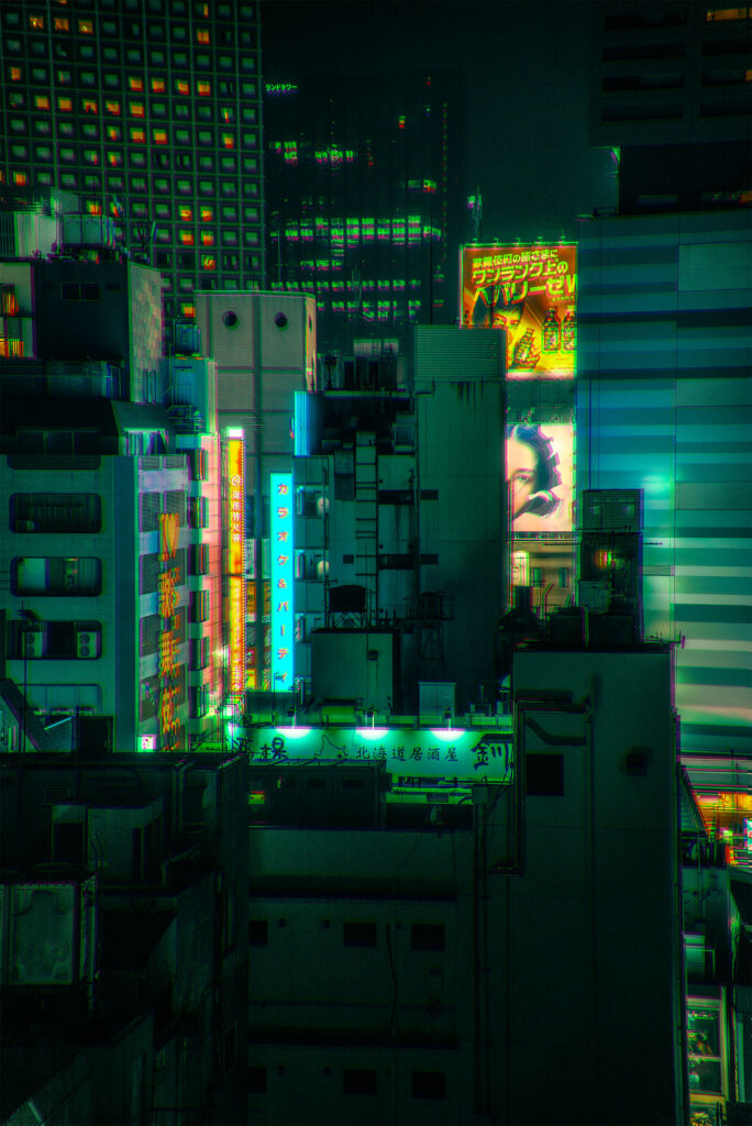 Aerial view of Kabukicho at night in Tokyo, Japan, neon signs and illuminated billboards rising above densely packed buildings, green atmospheric haze, cyberpunk street photography