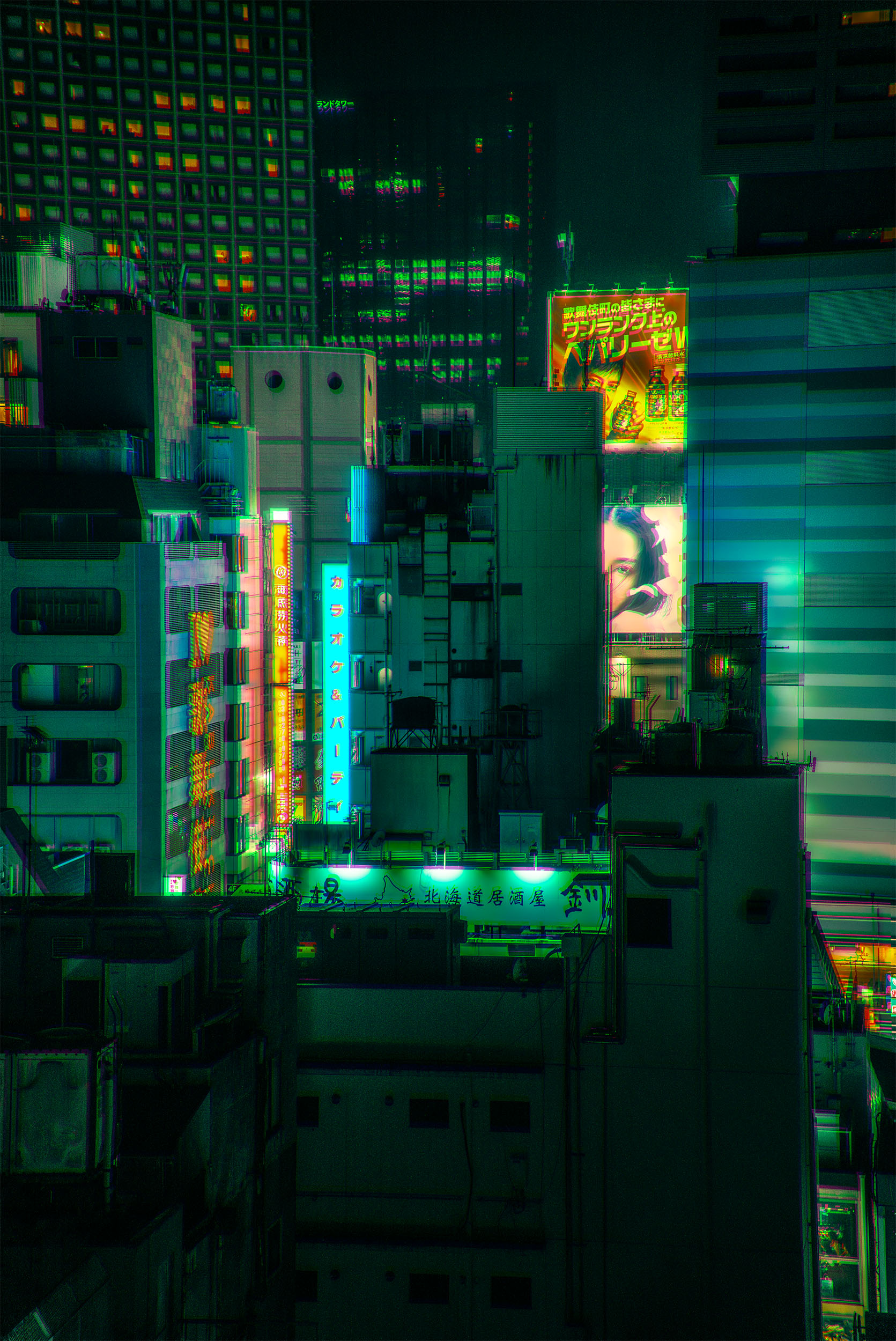 Aerial view of Kabukicho at night in Tokyo, Japan, neon signs and illuminated billboards rising above densely packed buildings, green atmospheric haze, cyberpunk street photography