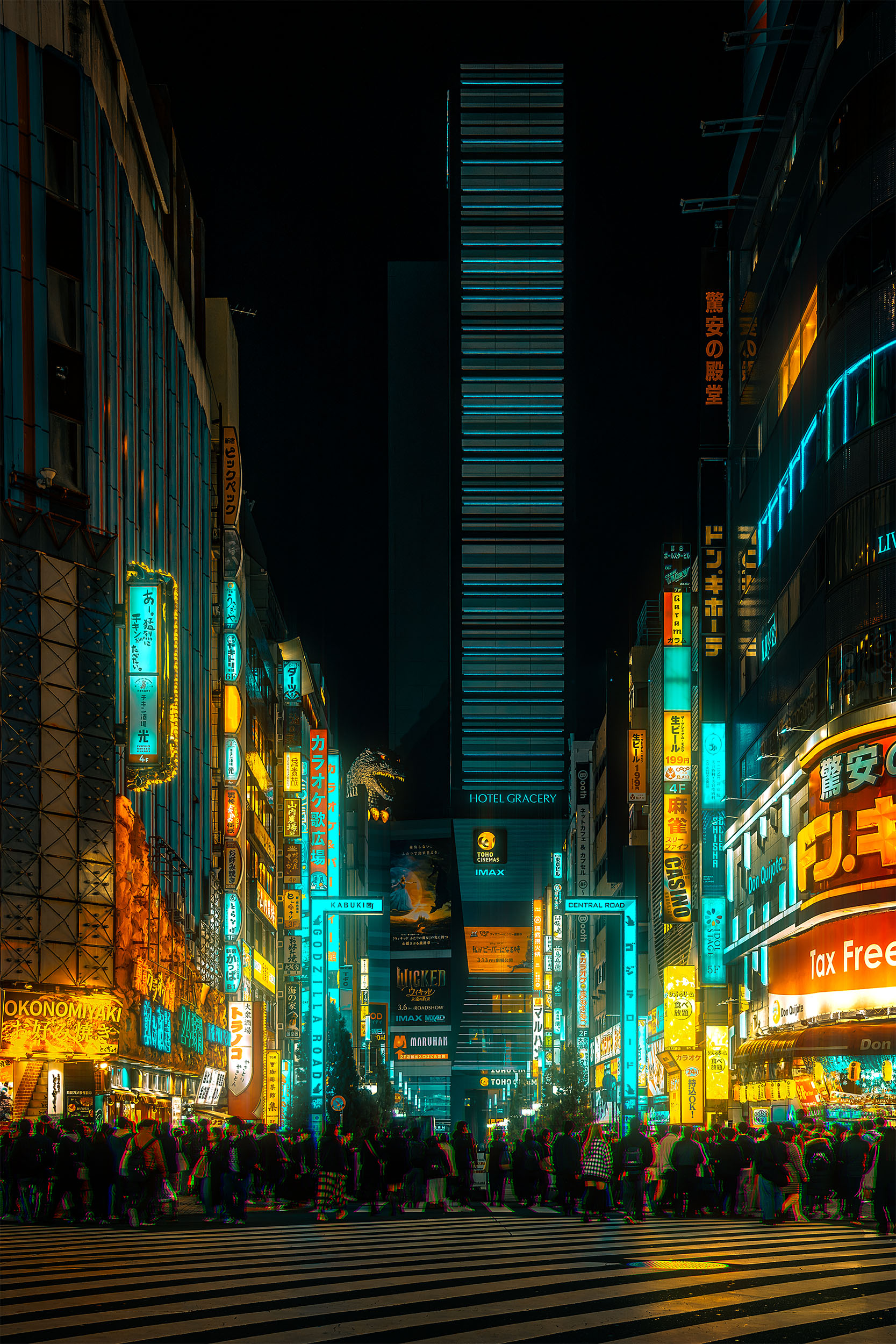 Crowd of people at the entrance of Kabukicho at night, Tokyo, Japan, neon signs and illuminated buildings lining both sides of the street, tall skyscraper rising in the background, cyberpunk atmosphere