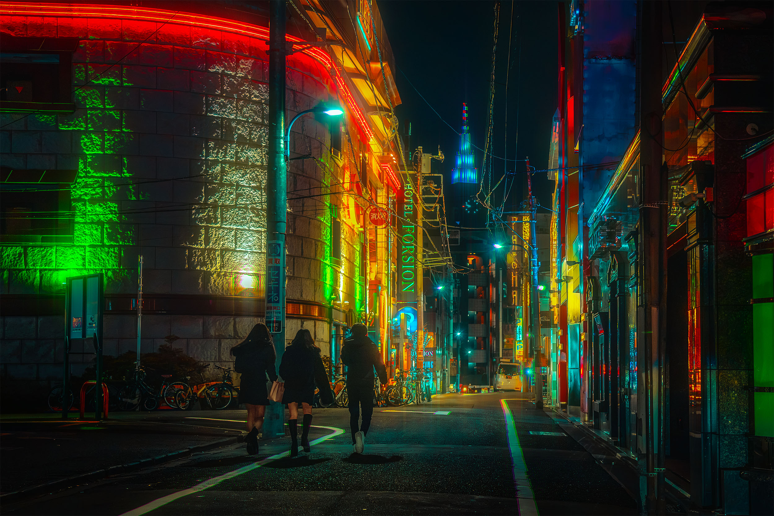 Three figures walking down a neon-lit street in Kabukicho at night, Tokyo, Japan, colorful neon signs and illuminated buildings on both sides, tower visible in the distance, cyberpunk atmosphere
