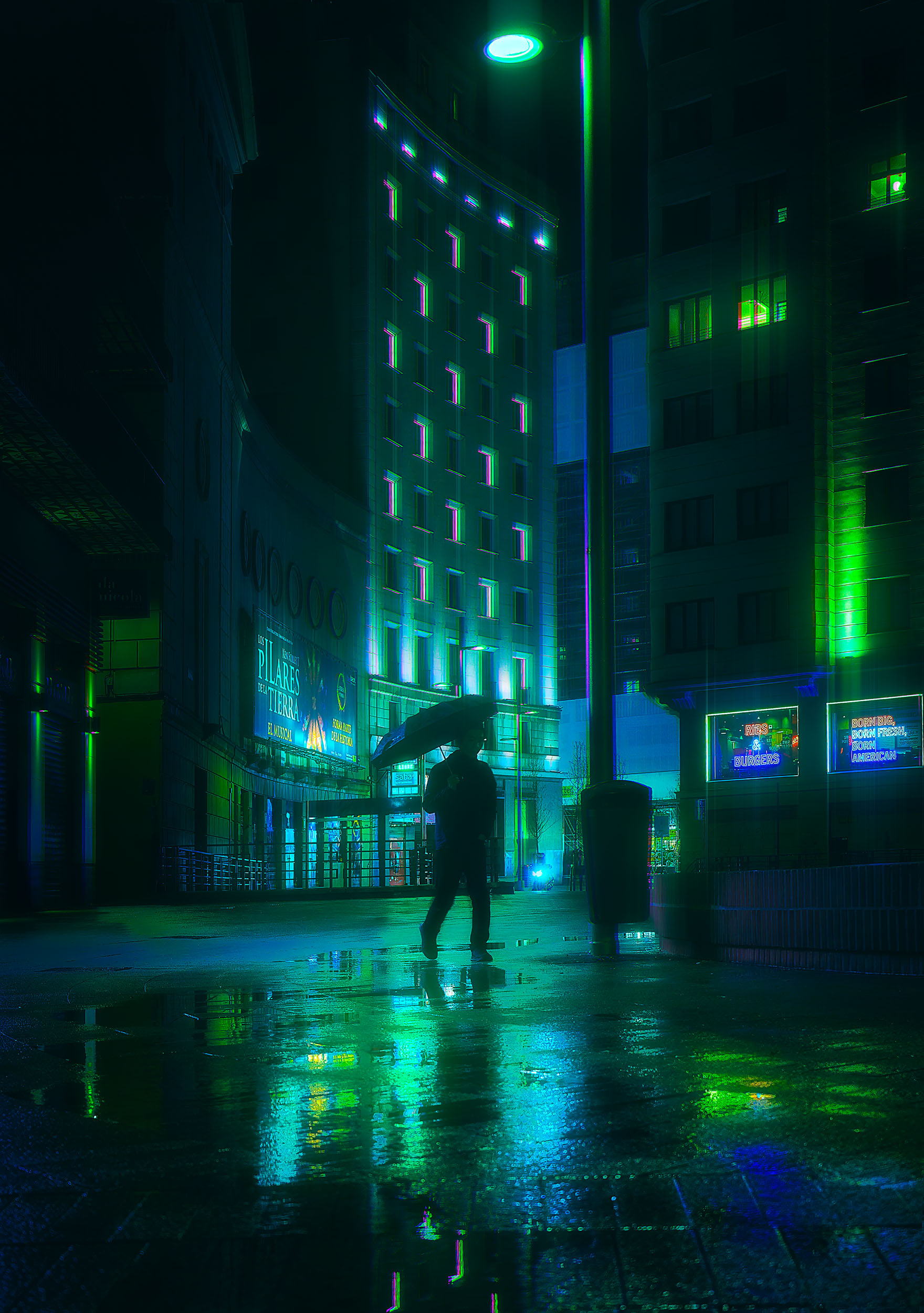 Lone figure with umbrella walking through a rainy street at night in Madrid, Spain, green neon light reflecting on wet pavement, illuminated building in the background, cyberpunk atmosphere